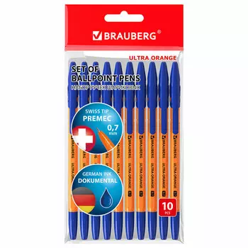 набор ручек шариковых BRAUBERG Ultra 10 штук узел 1мм корпус прозрачный синие