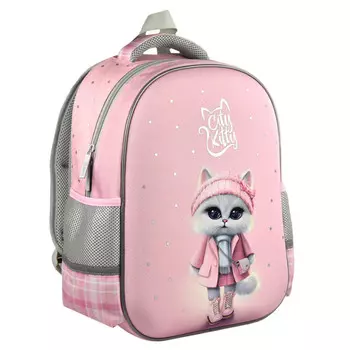 ранец школьный Кошечка в пальто 27,5x37,5x14,5 см полиэстер ЭВА-панель печать серебристой краской су