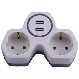 разветвитель 2 гнезда FERON з/к 16A USB выходами на 2,4А белый/серый