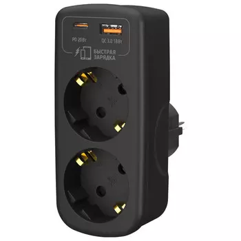 разветвитель-адаптер ФОТОН USB 16А с/з 1USB-A+1USB-C быстрая зарядка черный