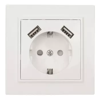 розетка 1 пост EKF Минск, 16А с заземлением с защитной шторкой, с 2 USB, 2,1 А, белый