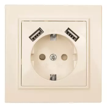 розетка 1 пост EKF Минск, 16А с заземлением с защитной шторкой, с 2 USB, 2,1 А, бежевая