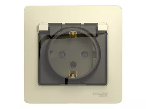 розетка 1 пост SCHNEIDER ELECTRIC Glossa IP44 с заземлением с крышкой, с защитной шторкой, бежевый
