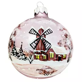 шар 80мм Зимняя мельница стекло розовый