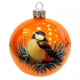 шар 85мм Новогодний воробей стекло оранжевый