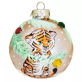 шар 85мм Тигренок с еловой веткой (Символ года) стекло