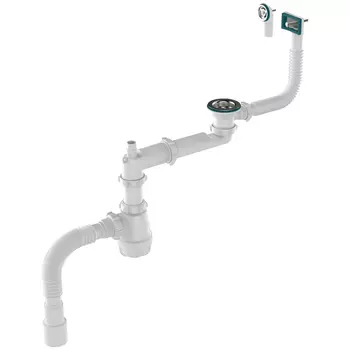 сифон для мойки AQUANT 1.1/2"х40 со смещением с переливом с отводом с гибкой трубой 40х40/50