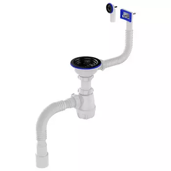 сифон для мойки AQUANT 3.1/2"х40 прямоугольный/круглый перелив с черной метал. решеткой с гибкой тр