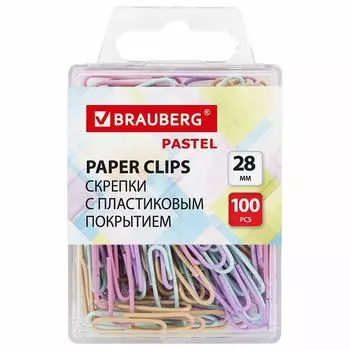 скрепки BRAUBERG Pastel 28 мм 100шт в пластиковой коробке пастельные цвета