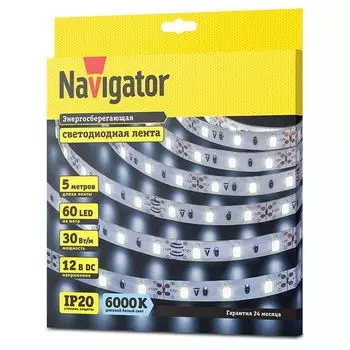 светодиодная лента Navigator 60 LED/м, 12 В, 30 Вт, IP20, готовая, 5 м, холодный свет