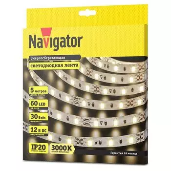 светодиодная лента Navigator 60 LED/м, 12 В, 30 Вт, IP20, готовая, 5 м, теплый свет