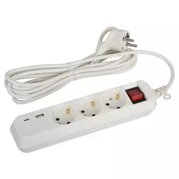 удлинитель с USB ЭРА 3м 3-местный с/з 3x0,75мм2 10А с выключателем белый