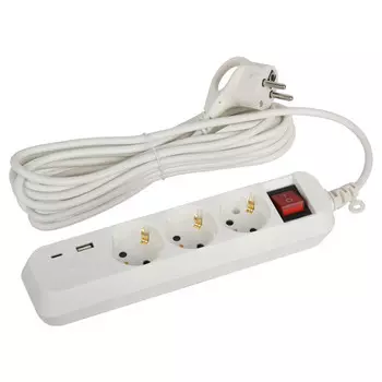 удлинитель с USB ЭРА 5м 3-местный с/з 3x0,75мм2 10А с выключателем белый