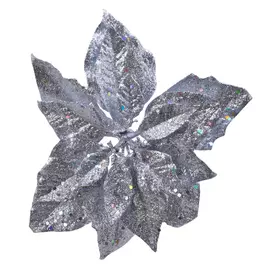украшение на прищепке Пуансеттия блестящая 23см пластик серебренная