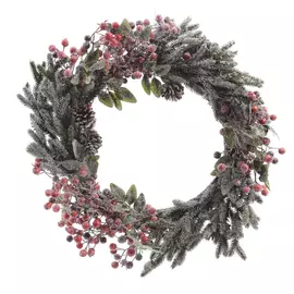 венок новогодний 40см с красными ягодами заснеженный