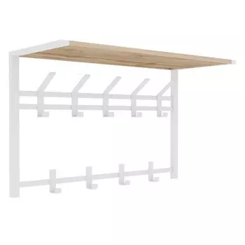 вешалка настенная с полкой 2-х ярусная ТОРОНТО 9 крючков 670х270х545мм металл/ЛДСП белая/дуб вотан