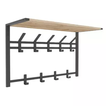 вешалка настенная с полкой 2-х ярусная ТОРОНТО 9 крючков 670х270х545мм металл/ЛДСП черная/дуб вотан
