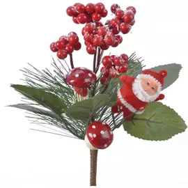 ветка новогодняя Еловая с ягодами и Сантой 22см