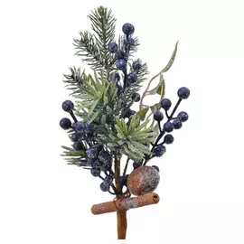 ветка новогодняя Еловая с синими ягодами 31см заснеженная