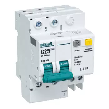 выключатель дифференциальный DEKRAFT 25А 2P 30мА тип AC С 4,5кА (АВДТ)