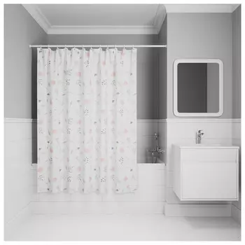 занавеска для ванной комнаты IDDIS Base 200х180см полиэстер белая с растительным узором
