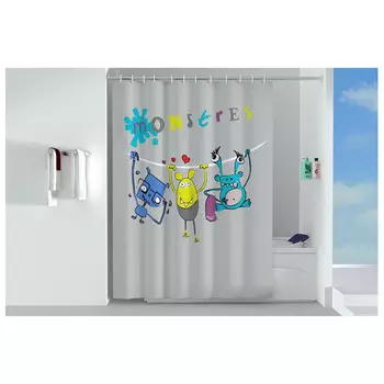 занавеска для ванной OFELIS Монстры 180х180 см полиэстер серая с рисунком