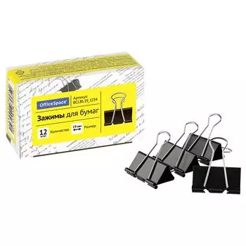 зажимы для бумаг OFFICESPACE 12шт 19мм черные картонная коробка