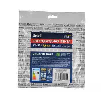 LED лента Uniel ULS-M13-2835-120LED/m-8mm-IP20-DC12V-9,6W/m-5M-4000K P