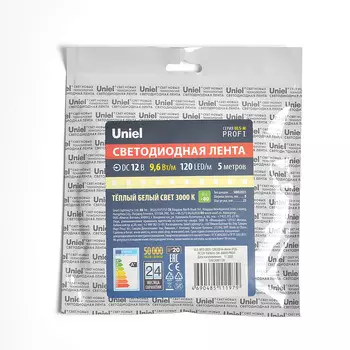 LED лента Uniel ULS-M13-2835-120LED/m-8mm-IP20-DC12V-9,6W/m-5M-3000K P