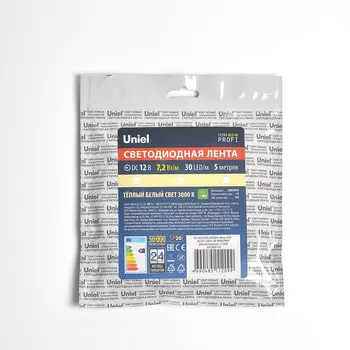 LED лента Uniel ULS-M22-5050-30LED/m-10mm-IP20-DC12V-7,2W/m-5M-3000K P