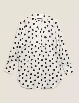 Атласная туника в горошек без воротника