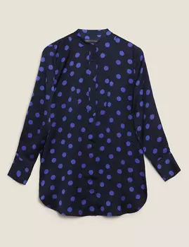 Атласная туника в горошек без воротника