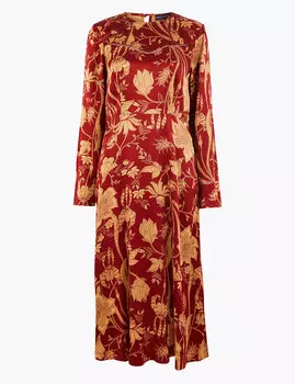 Атласное платье-миди с цветочным принтом