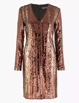 Блестящее платье-шифт миди с длинным рукавом