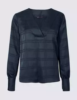 Блуза из сатина с V-образным вырезом и длинным рукавом