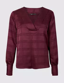 Блуза из сатина с V-образным вырезом и длинным рукавом