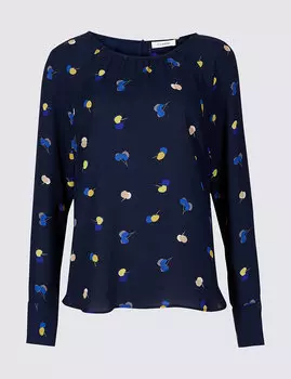 Блуза с круглым вырезом, длинным рукавом и принтом