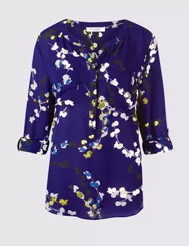 Блуза с вырезом, длинным рукавом и принтом