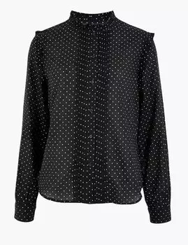 Блузка из чистого хлопка в горошек с высоким воротом