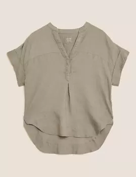 Блузка из чистого льна с V-образным вырезом и короткими рукавами