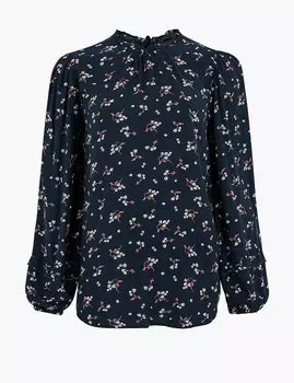Блузка с цветочным принтом и оборкой на горловине