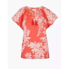 Блузка с коротким рукавом из чистого хлопка с цветочным принтом, Marks&amp;Spencer