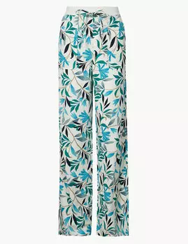 Брюки льнянные с широкими штанинами и принтом листья
