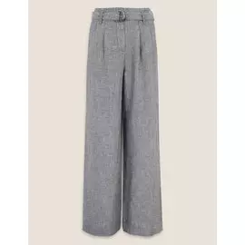Брюки с поясом с широкими штанинами из чистого льна , Marks&amp;Spencer