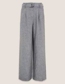 Брюки с поясом с широкими штанинами из чистого льна