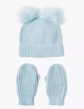 Детский комплект с пушистыми помпонами: шапочка и варежки