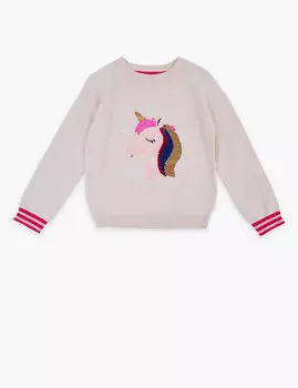 Джемпер из чистого хлопка с единорогом в пайетках