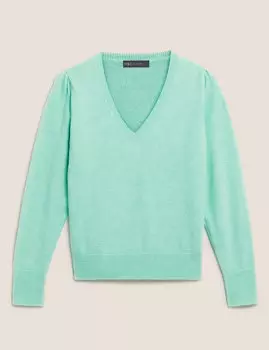 Джемпер из хлопка с V-образным вырезом и присборенными плечами