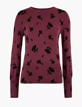 Джемпер с цветочным принтом и круглым вырезом