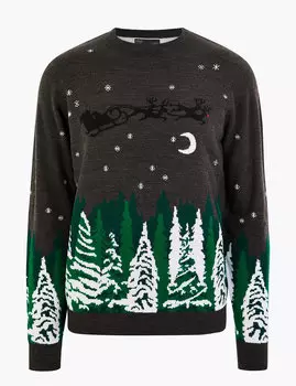 Джемпер с круглой горловиной и рождественским принтом "Санта Клаус на оленях в лесу"